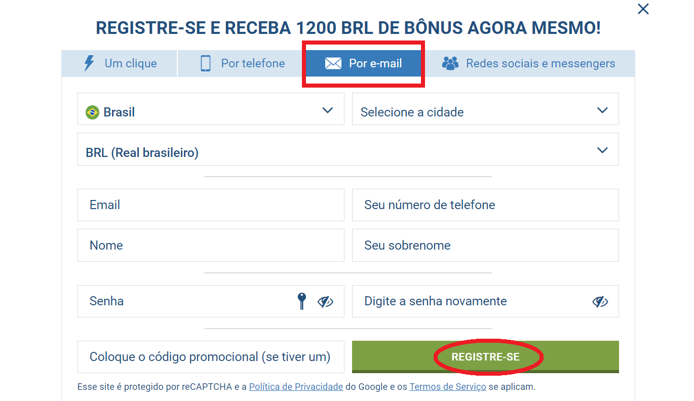 Inscrições por correio 1xBet Brasil